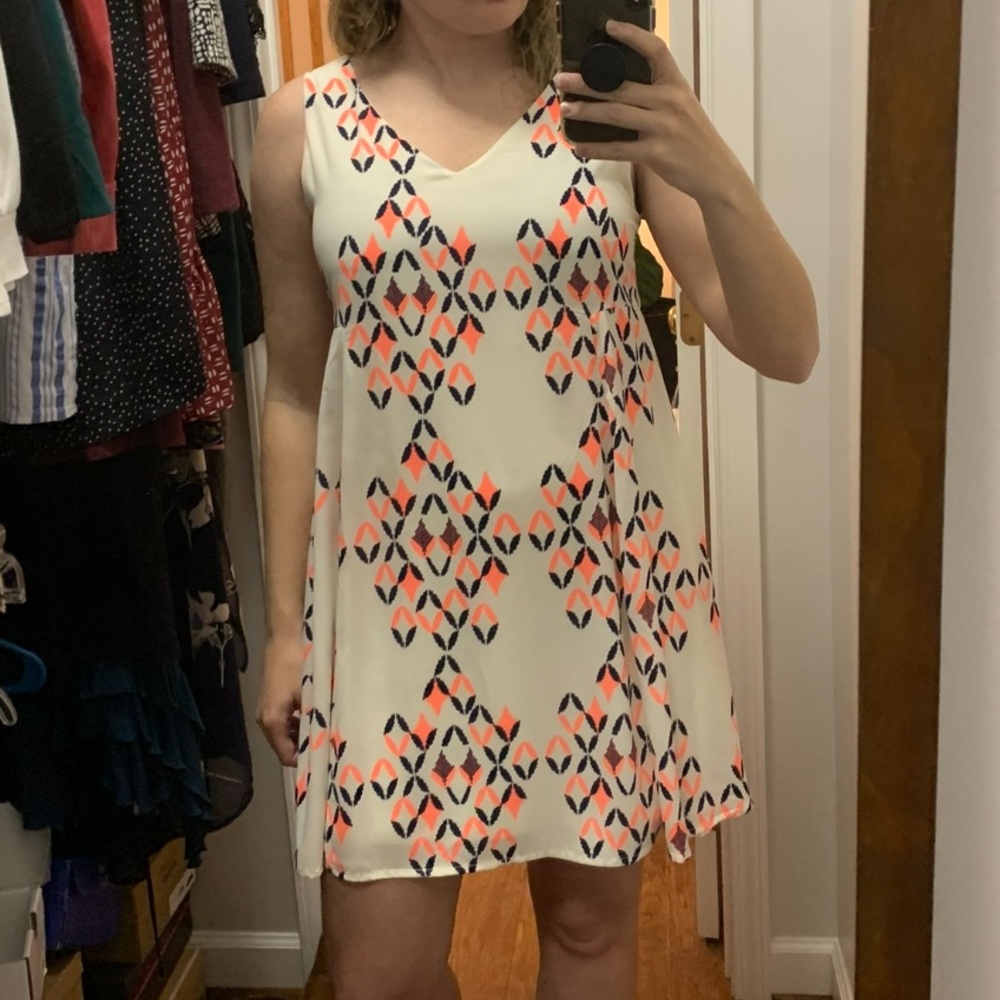 Fab'rik - White, Navy, Neon Orange pattern dress - Large